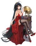  1girl absurdly_long_hair ahoge alcohol artist_request azur_lane black_cat black_hair black_legwear breasts cat champagne choker cleavage dress full_body garter_straps hairband high_heels huge_breasts long_dress long_hair looking_at_viewer official_art open_mouth phonograph red_dress red_eyes sidelocks solo taihou_(azur_lane) thigh-highs transparent_background very_long_hair 