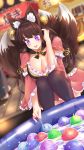  :d animal_ear_fluff animal_ears bell black_legwear blurry blurry_background blush breasts brown_hair cleavage detached_sleeves dutch_angle eyebrows_visible_through_hair festival fox_ears fox_tail gold_trim hair_bell hair_ornament hand_in_hair highres hook japanese_clothes jingle_bell kimono large_breasts open_mouth outdoors pink_kimono smile squatting suzune_(teria_saga) tail teria_saga thigh-highs violet_eyes wading_pool water water_balloon 