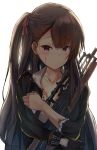  1girl asymmetrical_bangs bangs black_gloves black_jacket blood blood_on_face blush breasts brown_hair bullpup burnt_clothes cleavage closed_mouth collarbone collared_shirt crying crying_with_eyes_open eyebrows_visible_through_hair girls_frontline gloves gun hair_ribbon happy_tears highres jacket long_hair long_sleeves medium_breasts namesake object_hug object_namesake one_side_up red_eyes red_ribbon ribbon rifle septet_(zrca_janne) shirt simple_background single_glove sleeves_past_elbows smile sniper_rifle solo straight_hair tears upper_body very_long_hair wa2000_(girls_frontline) walther walther_wa_2000 weapon white_background white_shirt 