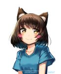  1girl animal_ears arms_at_sides artist_name blue_shirt blush brown_eyes brown_hair cat_ears closed_mouth commentary deviantart_username discord_tag eyebrows_visible_through_hair highres looking_at_viewer original shirt short_hair short_sleeves sirious_long smile solo upper_body watermark web_address whisker_markings 