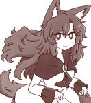  1girl :3 animal_ear_fluff animal_ears bangs blush breasts brooch collarbone commentary dress eyebrows_visible_through_hair greyscale hair_between_eyes imaizumi_kagerou jewelry long_hair long_sleeves looking_at_viewer medium_breasts monochrome simple_background skirt_hold sleeves_past_wrists smile solo tail touhou upper_body white_background wolf_ears wolf_tail wool_(miwol) 