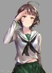  1girl ahoge akiyama_yukari akiyama_yukari_(cosplay) blush brown_eyes brown_hair cosplay curly_hair girls_und_panzer green_skirt grey_background juurouta kantai_collection kishinami_(kantai_collection) long_sleeves look-alike looking_at_viewer neckerchief ooarai_school_uniform salute shirt short_hair simple_background skirt smile solo twitter_username uniform white_shirt 