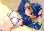  1girl ahoge arms_up artoria_pendragon_(all) bangs baseball_cap bikini blonde_hair blue_eyes blue_hat blush breasts commentary_request eyebrows_visible_through_hair fate/grand_order fate_(series) hair_between_eyes hands_on_headwear hat high_collar long_sleeves looking_at_viewer lying medium_breasts mirei mysterious_heroine_xx_(foreigner) navel on_back open_mouth ponytail sand shadow short_hair shrug_(clothing) solo sparkle stomach swimsuit upper_body white_bikini wristband zipper 