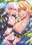  2girls :d ahoge antiqq arm_up bangs bikini black_bikini black_gloves black_hairband black_jacket blonde_hair blue_eyes blue_jacket blush braid breasts cleavage collarbone commentary_request day eyebrows_visible_through_hair fate/grand_order fate_(series) fingernails gloves hair_between_eyes hairband highres holding holding_sword holding_weapon jacket jeanne_d&#039;arc_(alter_swimsuit_berserker) jeanne_d&#039;arc_(fate)_(all) jeanne_d&#039;arc_(swimsuit_archer) katana large_breasts long_hair multiple_girls navel o-ring o-ring_bikini o-ring_bottom o-ring_top open_clothes open_jacket open_mouth orange_eyes outdoors palm_tree parted_lips pink_legwear silver_hair single_braid smile sweat swimsuit sword thigh-highs tree v-shaped_eyebrows water weapon 