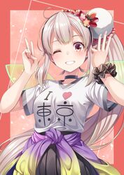  1girl bangs black_choker black_hairband black_skirt blush brown_eyes choker clothes_around_waist clothes_writing elf elu_(nijisanji) fingernails flower grin hair_flower hair_ornament hairband hands_up head_tilt highres i_heart... light_brown_hair long_hair looking_at_viewer nijisanji one_eye_closed pleated_skirt pointy_ears red_flower scrunchie shirt short_sleeves side_ponytail sidelocks skirt smile solo v very_long_hair virtual_youtuber w white_shirt wrist_scrunchie yuuri_nayuta 