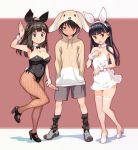  1boy 2girls ahoge animal_ears animal_hood arm_up bangs bare_shoulders black_eyes black_footwear black_hair black_legwear black_leotard blunt_bangs blush bow bowtie breasts bunny_girl bunny_hood bunny_tail bunnysuit cleavage commentary_request covered_navel detached_collar dress eyebrows_visible_through_hair fake_animal_ears fishnet_pantyhose fishnets full_body fur_collar hands_in_pockets high_heels hood hoodie large_breasts leotard long_hair long_sleeves looking_at_viewer multiple_girls open_mouth oppai_loli original pantyhose rabbit_ears ryoji_(nomura_ryouji) shorts side-tie_leotard simple_background skindentation smile standing standing_on_one_leg strapless strapless_dress strapless_leotard stuffed_animal stuffed_bunny stuffed_toy tail thigh-highs white_dress white_footwear white_legwear wrist_cuffs zettai_ryouiki 
