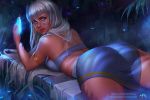  1girl artist_name ass atlantis:_the_lost_empire bare_shoulders bikini_top blue_eyes bracelet breasts deviantart_username disney earrings facial_tattoo from_behind grey_hair highres jewelry kidagakash long_hair looking_at_viewer looking_back lying medium_breasts necklace night olga_narhova on_stomach patreon_username smile solo swimsuit tattoo 