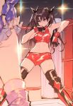  2girls artist_request boots clenched_teeth fate/hollow_ataraxia fate/stay_night fate_(series) fingerless_gloves gloves hair_ribbon luviagelita_edelfelt multiple_girls ribbon short_shorts shorts solo_focus teeth thigh-highs tohsaka_rin wrestling_outfit 