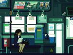 1girl ad animated animated_gif arm_at_side bench black_footwear black_hair caution closed_eyes door hand_grip long_hair lowres office_lady original pixel_art power_lines sitting solo sunlight telephone_pole toyoi_yuuta train_interior window 