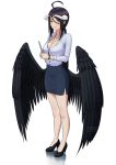  1girl absurdres ahoge albedo alternate_costume artist_name bare_legs black_bra black_footwear black_skirt black_wings blush bra bra_peek breasts carlo_montie cleavage clipboard collared_shirt demon_girl demon_horns demon_wings dress_shirt feathered_wings full_body hair_between_eyes high_heels highres horns large_breasts long_sleeves looking_at_viewer low_twintails low_wings miniskirt office_lady overlord_(maruyama) pencil_skirt shirt skirt slit_pupils standing succubus twintails underwear watch watch white_shirt wings yellow_eyes 