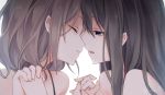  2girls bare_shoulders blue_eyes brown_hair close-up closed_eyes face hand_holding imminent_kiss kuroi_(liar-player) long_hair looking_at_another multiple_girls open_mouth original signature tears white_background yuri 