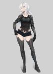  1girl android black_panties blue_eyes boots breasts collarbone commentary_request contrapposto full_body grey_background hair_between_eyes hand_on_hip highleg highleg_panties highres imizu_(nitro_unknown) long_hair long_legs mechanical_arms medium_breasts nier_(series) nier_automata panties robot_joints short_shorts shorts silver_hair skindentation solo standing tank_top thigh-highs thigh_boots underwear yorha_type_a_no._2 