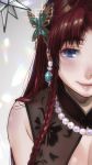  1girl bangs bare_shoulders blue_eyes blush braid breasts butterfly_hair_ornament chinese_clothes cleavage cleavage_cutout closed_mouth earrings eyebrows_visible_through_hair hair_ornament highres hong_meiling jewelry kamiyama_aya long_hair looking_at_viewer necklace ornament pearl_necklace redhead shiny side_braid sparkle touhou twin_braids 
