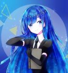  1other androgynous blue_background blue_eyes blue_hair book colored_eyelashes crystal_hair elbow_gloves eyebrows_visible_through_hair gem_uniform_(houseki_no_kuni) gloves hand_in_hair hime_cut houseki_no_kuni kanade_00xx lapis_lazuli_(houseki_no_kuni) long_hair looking_at_viewer necktie smile solo sparkle upper_body 