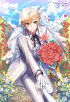  1boy blonde_hair blue_sky bouquet clouds day flower formal gloves green_eyes heart hetero holding holding_bouquet interitio light_smile looking_at_viewer male_focus official_art original outdoors pants path petals road sid_story sky suit veil vest wedding white_gloves white_pants white_suit white_vest 