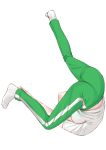  1girl ass breasts easy_(aqk7bdqt) elf-san_wa_yaserarenai. erufuda-san green_pants large_breasts legs_up lying on_back pants pointy_ears shirt short_sleeves simple_background socks solo t-shirt top-down_bottom-up track_pants white_background white_legwear white_shirt 