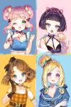  4girls :d ;o animal_ears bangs black_bow blonde_hair blue_bow blue_eyes blue_shirt blunt_bangs blush bow breasts brown_bow brown_dress brown_gloves brown_hair cat_ears cherrypin choker crop_top double_bun dress earrings eyebrows_visible_through_hair fake_animal_ears gloves green_eyes hair_bow hair_bun hairband hands_up jewelry long_hair long_sleeves multiple_girls one_eye_closed open_mouth original paw_pose pink_hair pink_hairband plaid plaid_bow plaid_dress purple_choker purple_hair shirt short_hair short_sleeves side_bun sidelocks sleeveless sleeveless_dress sleeves_past_wrists small_breasts smile swept_bangs violet_eyes white_shirt 