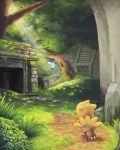  absurdres chocobo final_fantasy forest highres machika_(mukulife) nature no_humans overgrown ruins sunlight walking 