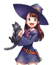  1girl :d bangs belt black_cat brown_eyes brown_hair cat collared_shirt cowboy_shot dress eyebrows_visible_through_hair hat holding holding_cat kagari_atsuko little_witch_academia long_sleeves looking_at_viewer luna_nova_school_uniform neck_ribbon open_mouth pinafore_dress purple_hat ribbon school_uniform shirt shirt_under_dress simple_background sirious_long smile solo white_background wide_sleeves witch witch_hat 