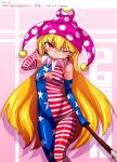  &gt;:) 1girl adapted_costume american_flag_bodysuit bangs bare_shoulders blonde_hair blue_bodysuit blue_gloves blush bodysuit breasts character_name cleavage_cutout clownpiece commentary_request covered_navel elbow_gloves eyebrows_visible_through_hair feet_out_of_frame gloves hair_between_eyes hand_behind_head hand_up hat head_tilt holding holding_torch jester_cap looking_at_viewer neck_ruff pink_background pink_hat polka_dot_hat red_bodysuit red_eyes red_gloves shadow shimizu_pem shiny shiny_clothes skin_tight sleeveless sleeveless_bodysuit small_breasts smile solo star_cutout thighs torch touhou translated uneven_eyes v-shaped_eyebrows white_bodysuit white_gloves 