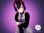  1girl alternate_costume artist_name blush enmaided fate/grand_order fate_(series) holding_own_arm horns maid panday-ichihara pink_eyes purple_hair shuten_douji_(fate/grand_order) signature simple_background smile 