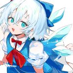  1girl :d bangs blue_bow blue_dress blue_eyes blue_wings bow cirno collared_shirt ddari detached_wings dress eyebrows_visible_through_hair hair_between_eyes hair_bow ice ice_wings looking_at_viewer partially_submerged puffy_short_sleeves puffy_sleeves red_bow shirt short_sleeves simple_background sleeveless sleeveless_dress smile solo touhou water white_background white_hair white_shirt wings 