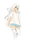  1girl bangs bare_shoulders blue_shorts brown_eyes closed_mouth eyebrows_visible_through_hair long_hair looking_at_viewer lpip off-shoulder_shirt original shirt short_shorts short_sleeves shorts signature simple_background solo standing standing_on_one_leg thigh-highs very_long_hair white_background white_hair white_legwear white_shirt wide_sleeves 