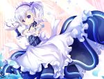  1girl :o apron azur_lane bangs belchan_(azur_lane) belfast_(azur_lane) blue_dress blue_flower blush braid breasts collarbone commentary_request cup dress elbow_gloves eyebrows_visible_through_hair flower frilled_apron frills gloves hair_between_eyes holding holding_tray maid maid_headdress nanamomo_rio one_side_up parted_lips petals saucer silver_hair sleeveless sleeveless_dress small_breasts solo teacup teapot tray violet_eyes waist_apron white_apron white_gloves 