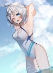  1girl antenna_hair armpits arms_behind_head arms_up blue_eyes blue_sky blush casual_one-piece_swimsuit chibirisu clouds commentary_request covered_navel criss-cross_halter day dennou_shoujo_youtuber_shiro dutch_angle eyebrows_visible_through_hair hair_between_eyes hair_ornament halterneck highres one-piece_swimsuit open_mouth outdoors shiro_(dennou_shoujo_youtuber_shiro) short_hair sky solo standing swimsuit virtual_youtuber wading white_hair white_swimsuit 