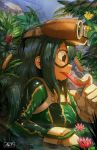  1girl aaron_l._tucker asui_tsuyu bodysuit boku_no_hero_academia branch domino_mask eyelashes flower from_side gloves green_hair highres lily_pad long_hair long_tongue mask nature partially_submerged plant rain solo tongue tongue_out upper_body very_long_hair water wet wet_clothes wet_hair 