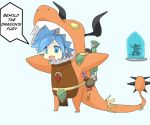  1boy 1girl absurdres animal_costume armor blue_eyes blue_hair candy cosplay dragon dragon_horns dragon_tail drogoz english evie_(paladins) food frozen highres horns ice jewelry lollipop necklace paladins tail twintails varakaq 