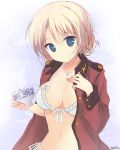  1girl bangs bikini blonde_hair blue_eyes blush breasts cleavage closed_mouth commentary cup darjeeling epaulettes eyebrows_visible_through_hair frilled_bikini frills front-tie_bikini front-tie_top getsumen_suibaku_ver._a(c) girls_und_panzer head_tilt highres holding holding_cup jacket jewelry large_breasts long_sleeves looking_at_viewer military military_uniform navel necklace open_clothes open_jacket red_jacket short_hair side-tie_bikini sitting smile solo sparkle st._gloriana&#039;s_military_uniform standing swimsuit teacup tied_hair twitter_username uniform upper_body 