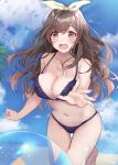  1girl ball bangs bare_shoulders beach beachball bikini blue_bikini blue_sky blush bow breasts brown_hair cleavage collarbone day frilled_bikini_top hair_bow hamu_(plot_sy) hips idolmaster idolmaster_shiny_colors large_breasts long_hair looking_at_viewer navel open_mouth pink_eyes ponytail sky solo swept_bangs swimsuit thighs tsukioka_kogane waist white_bow 