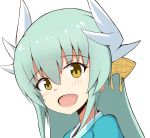  1girl :d bangs blue_kimono blush brown_eyes dragon_horns eyebrows_visible_through_hair fate/grand_order fate_(series) green_hair hair_between_eyes head_tilt headgear highres horns japanese_clothes kimono kiyohime_(fate/grand_order) long_hair looking_at_viewer mitchi open_mouth simple_background smile solo white_background 