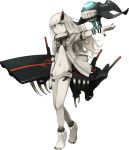  1girl abyssal_patrolling_attack_hawk aqua_eyes barefoot bird_on_arm black_nails closed_mouth flat_chest flight_deck full_body german_escort_hime horn jacket kantai_collection long_hair nail_polish official_art oni_horn open_clothes open_jacket outstretched_arm shibafu_(glock23) shinkaisei-kan solo teeth toenail_polish turret white_hair white_jacket white_skin 