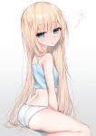  1girl bangs bare_arms bare_legs bare_shoulders blonde_hair blue_camisole blue_eyes blush breasts camisole closed_mouth commentary_request crop_top eyebrows_visible_through_hair gradient gradient_background grey_background hair_between_eyes head_tilt highres kanju long_hair looking_at_viewer looking_to_the_side original panties polka_dot polka_dot_panties sitting small_breasts solo underwear underwear_only very_long_hair wariza white_background white_panties 