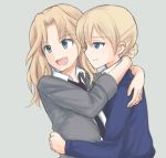  2girls bangs black_neckwear blazer blonde_hair blouse blue_eyes blue_sweater closed_mouth collared_blouse commentary darjeeling girls_und_panzer grey_jacket hair_intakes hug jacket kay_(girls_und_panzer) long_hair long_sleeves looking_to_the_side multiple_girls mutsu_(layergreen) necktie open_clothes open_jacket open_mouth saunders_school_uniform school_uniform short_hair simple_background sleeves_rolled_up smile st._gloriana&#039;s_school_uniform standing sweater tied_hair upper_body white_blouse yuri 
