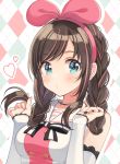  1girl a.i._channel alternate_hairstyle arm_warmers bangs blush bow braid brown_hair commentary_request eyebrows_visible_through_hair hairband heart highres holding holding_hair kizuna_ai lace-trimmed_sleeves long_hair looking_at_viewer multicolored_hair o3o pink_bow pink_hair pink_hairband pink_ribbon puckered_lips ribbon sailor_collar shigure_ui shirt sleeveless sleeveless_shirt solo streaked_hair swept_bangs twin_braids two-tone_hair virtual_youtuber white_sailor_collar 