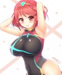  1girl armpits arms_behind_head arms_up bare_shoulders between_breasts black_swimsuit blush breasts covered_navel headpiece pyra_(xenoblade) jewelry kane-neko large_breasts nintendo one-piece_swimsuit red_eyes red_swimsuit redhead sidelocks solo swimsuit tiara xenoblade_(series) xenoblade_2 