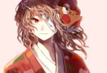  1other ametsukana_yago androgynous bandage_over_one_eye bright_pupils brown_hair closed_mouth commentary_request hemo_(hemoroda) hyottoko_mask japanese_clothes kimono len&#039;en mask mouth_mask orange_pupils other_focus portrait red_eyes red_kimono simple_background smile solo white_background 