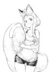  1girl :d ahoge animal_ear_fluff animal_ears bangs bike_shorts blunt_bangs blush commentary_request cowboy_shot fang fox_ears fox_girl fox_girl_(jaco) fox_tail greyscale holding_own_tail jaco long_hair long_tail looking_at_viewer monochrome off-shoulder_shirt open_mouth original see-through shirt short_hair_with_long_locks short_sleeves sidelocks simple_background smile solo standing tail thick_eyebrows white_background 