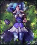  1girl artist_name blue_eyes blue_hair book boots breasts cleavage eremas-su evie_(paladins) fingerless_gloves fur_trim gloves grass highres knee_boots lying on_back paladins pantyhose solo tree twintails under_tree waking_up witch 