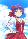  1girl adapted_costume blue_sky choker closed_mouth clouds commentary_request day dress gegege_no_kitarou hair_ribbon hand_on_hip highres looking_to_the_side nekomusume nekomusume_(gegege_no_kitarou_6) puffy_sleeves purple_hair red_choker red_dress red_ribbon ribbon shirt short_hair sky solo ueyama_michirou white_shirt yellow_eyes 
