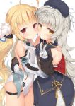  2girls ahoge azur_lane bangs bare_shoulders beret blonde_hair blue_dress blue_hat brown_eyes cheek-to-cheek commentary_request dress eldridge_(azur_lane) eyebrows_visible_through_hair facial_mark fingernails fujieda_uzuki gloves hair_ornament hairclip hand_on_another&#039;s_shoulder hat headpiece highres iron_cross long_hair long_sleeves low_twintails multiple_girls puffy_long_sleeves puffy_sleeves red_eyes ribbon sidelocks silver_hair simple_background sleeveless sleeveless_dress twintails v very_long_hair white_background white_dress white_gloves white_ribbon z46_(azur_lane) 