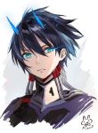  1boy bangs black_bodysuit black_hair blue_eyes blue_horns bodysuit commentary_request darling_in_the_franxx glowing glowing_eye hiro_(darling_in_the_franxx) horns looking_at_viewer male_focus oni_horns pierorabu pilot_suit signature solo tube 