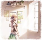  1girl 2018 apron bare_shoulders closed_eyes dated hair_ornament indoors jar long_hair machika_(mukulife) original portrait_(object) profile room shelf skirt solo standing sunlight v_arms window 