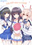 3girls acasta_(azur_lane) ayanami_(azur_lane) azur_lane bangs bare_shoulders belt_buckle beret black_choker blue_belt blue_bow blue_eyes blue_footwear blue_sailor_collar blue_skirt blush bouquet bow breasts brown_hair buckle choker closed_mouth collarbone commentary_request confetti detached_sleeves eyebrows_visible_through_hair flower garter_straps girl_sandwich hair_between_eyes hair_bow hair_ornament hairclip hand_up hat headgear headphones high-waist_skirt high_ponytail highres holding holding_bouquet light_brown_hair long_hair long_island_(azur_lane) long_sleeves medium_breasts multiple_girls neck_ribbon off_shoulder parted_lips pink_flower pink_rose pleated_skirt ponytail red_eyes ribbon rose sailor_collar sandwiched shirt short_sleeves simple_background skirt sleeveless sleeveless_shirt sleeves_past_wrists smile takeg05 thigh-highs translated twitter_username very_long_hair white_background white_belt white_hat white_legwear white_shirt yellow_neckwear 