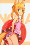  1girl absurdres adjusting_clothes adjusting_swimsuit animal_ears ass bell blonde_hair casual_one-piece_swimsuit fox_ears fox_tail from_behind hair_ornament hairclip highres innertube jingle_bell kemomimi_oukoku_kokuei_housou long_hair looking_back mikoko_(kemomimi_oukoku_kokuei_housou) one-piece_swimsuit pink_swimsuit solo swimsuit swimsuit_skirt tail tam-u twintails virtual_youtuber 