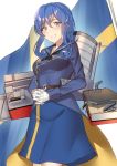  1girl bangs banner black_neckwear blue_eyes blue_hair blue_jacket blue_sailor_collar blush breasts cowboy_shot curly_hair dress eyebrows_visible_through_hair gloves gotland_(kantai_collection) hands_together highres jacket kantai_collection long_hair long_sleeves looking_at_viewer machinery medium_breasts military military_uniform mole mole_under_eye neckerchief pallad parted_lips rigging sailor_collar sash sidelocks simple_background smile solo swedish_flag uniform white_background white_gloves 