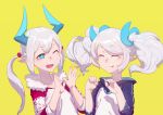  2girls absurdres chiliarch_(elsword) demon_girl demon_horns elsword eyebrows_visible_through_hair fluffy highres hood hoodie horns luciela_r._sourcream multiple_girls noblesse_(elsword) one_eye_closed pointy_ears smile star star-shaped_pupils symbol-shaped_pupils twintails white_hair zhang492382336 